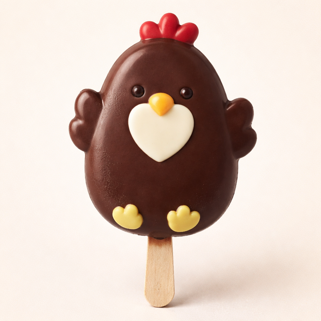 Chocolate chicken-shaped ice cream pop with dark brown color