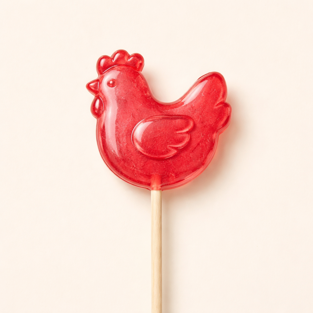 Strawberry chicken-shaped lollipop with pink-red color